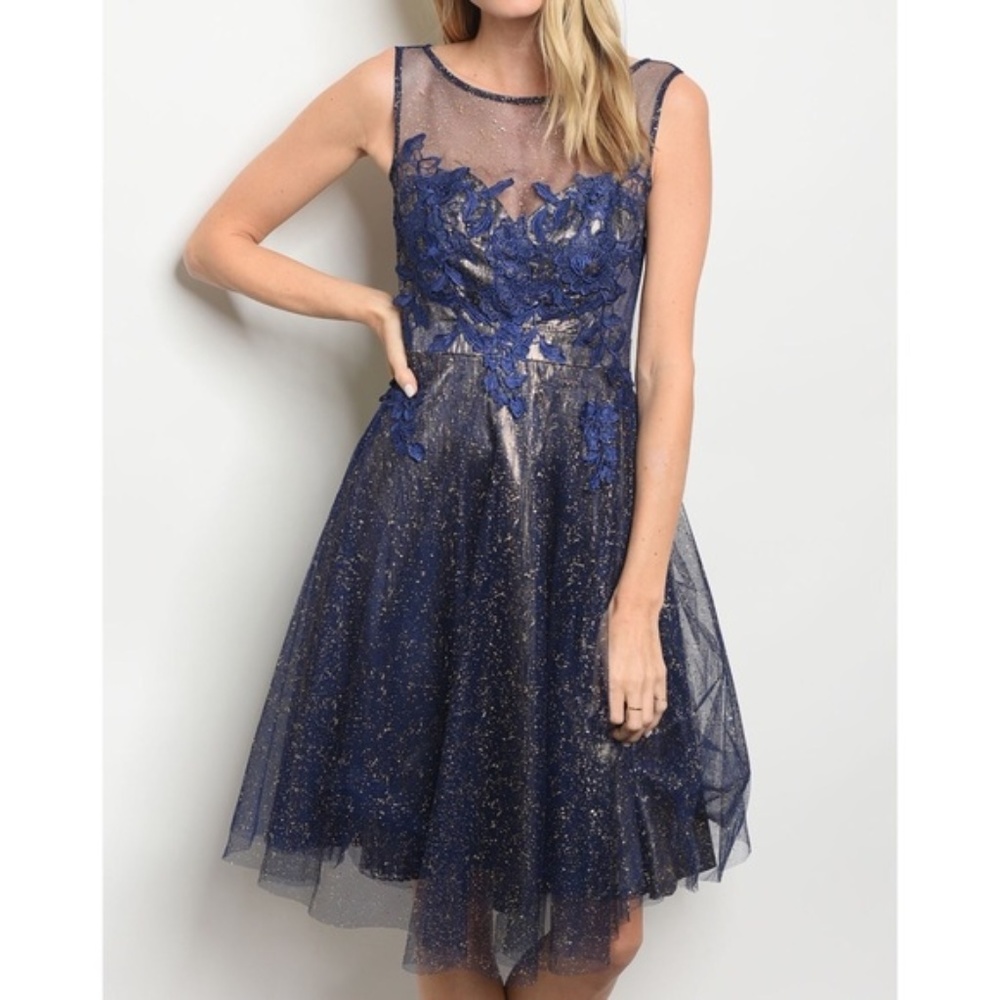{Maniju}Junior Navy & Gold Sparkle Tulle Dress